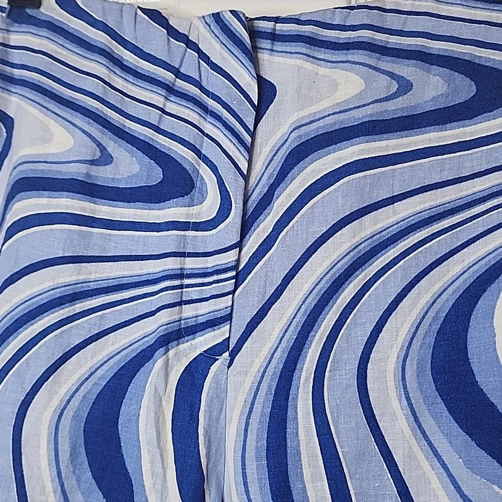 Zara Blue White High Waist Flare Slit Leg Pants Groovy Disco Linen
